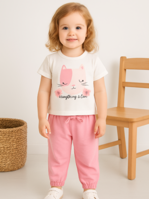 Kız Bebek Kedi Baskılı Keten Pantolonlu Takım - Almira Bebek