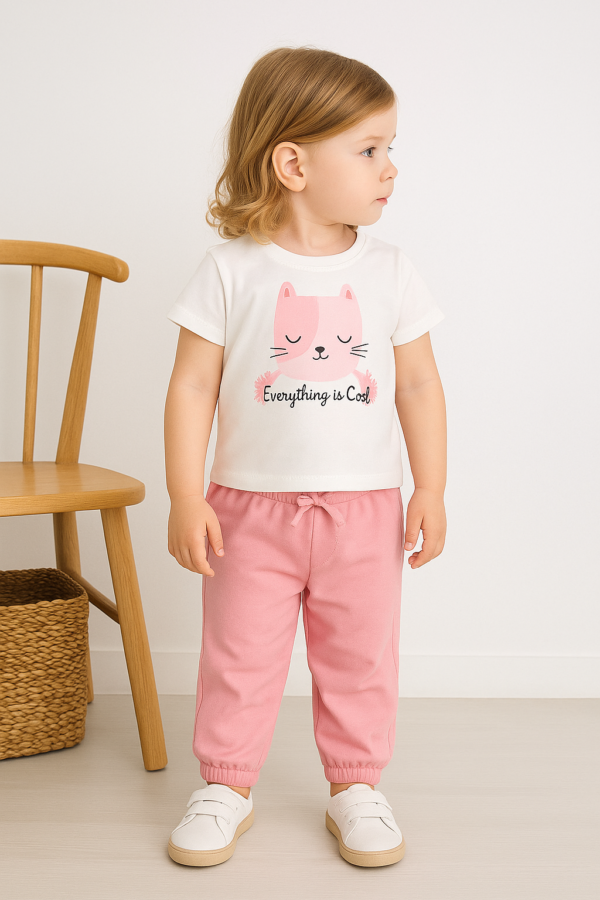 Kız Bebek Kedi Baskılı Keten Pantolonlu Takım - 3. görsel