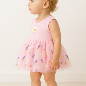 Kız Bebek Çiçek Nakışlı Tüllü Sıfır Kol Pembe Renk Elbise - Almira Bebek