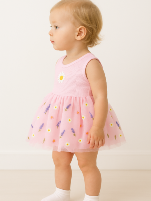 Kız Bebek Çiçek Nakışlı Tüllü Sıfır Kol Pembe Renk Elbise - Almira Bebek