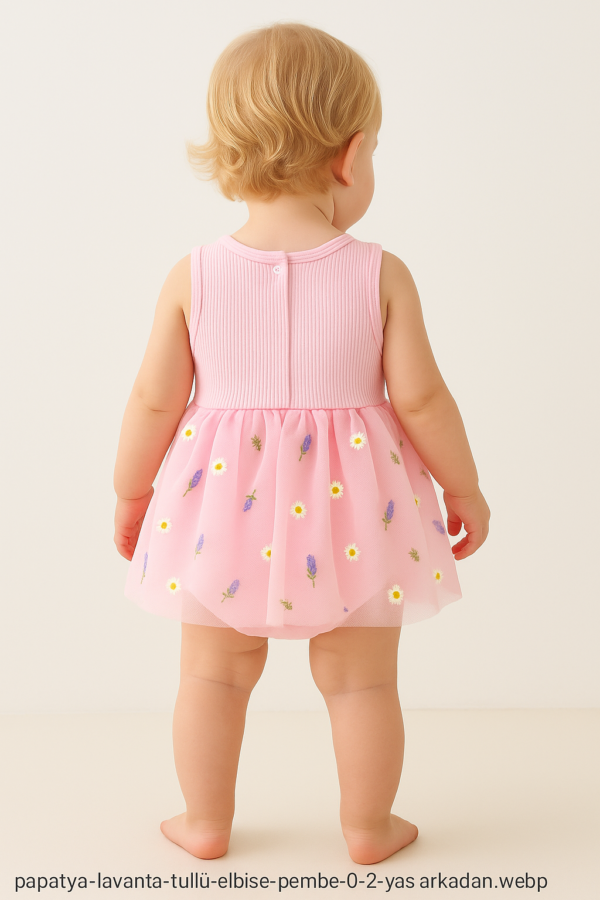 Kız Bebek Çiçek Nakışlı Tüllü Sıfır Kol Pembe Renk Elbise - 2. görsel