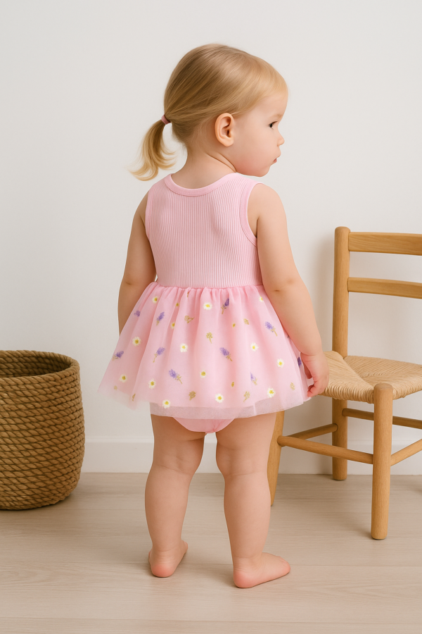 Kız Bebek Çiçek Nakışlı Tüllü Sıfır Kol Pembe Renk Elbise - 3. görsel