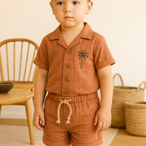 Erkek Bebek Palmiye Baskılı Kısa Kol Gömlekli Şortlu Keten Takım - Almira Bebek