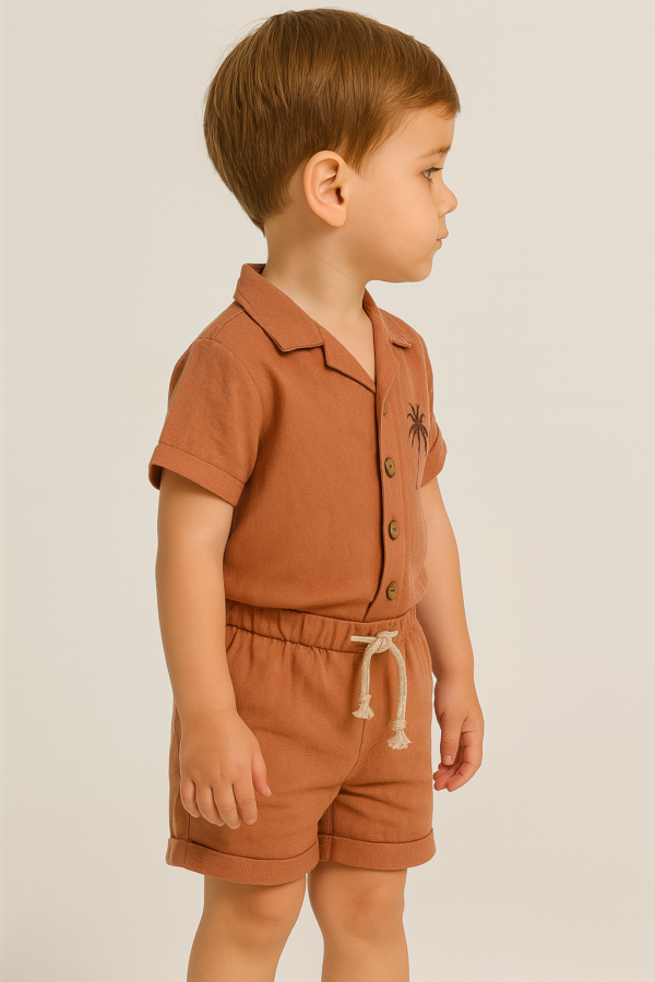 Erkek Bebek Palmiye Baskılı Kısa Kol Gömlekli Şortlu Keten Takım - 2. görsel