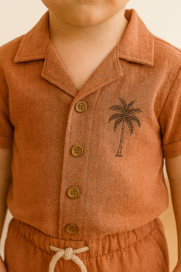 Erkek Bebek Palmiye Baskılı Kısa Kol Gömlekli Şortlu Keten Takım - 3. görsel