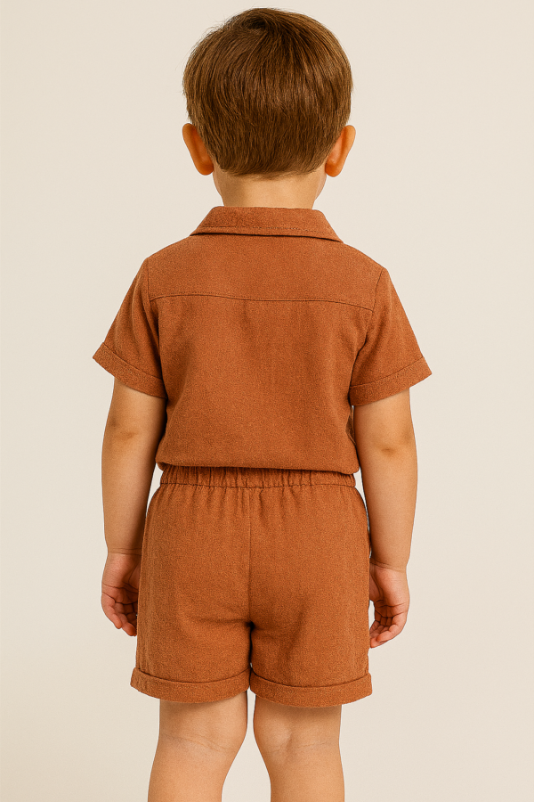 Erkek Bebek Palmiye Baskılı Kısa Kol Gömlekli Şortlu Keten Takım - 4. görsel