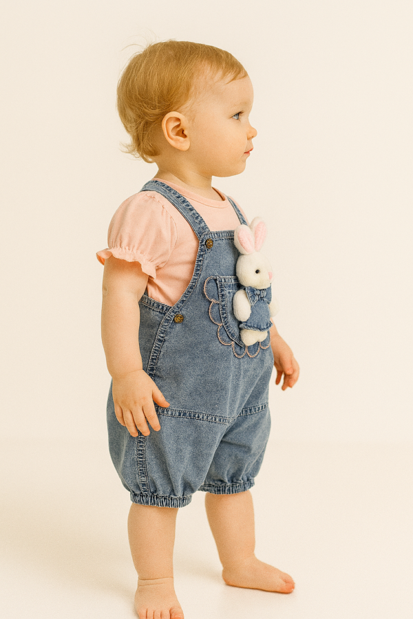 Kız Bebek Tavşan Detaylı Kısa Kol Tişörtlü Kot Bahçıvan - 2. görsel