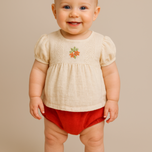 Kız Bebek Krem Renk Ön Kısmı Çiçek Işlemeli Kısa Kollu Şortlu Keten Takım - Almira Bebek