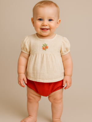 Kız Bebek Krem Renk Ön Kısmı Çiçek Işlemeli Kısa Kollu Şortlu Keten Takım - Almira Bebek