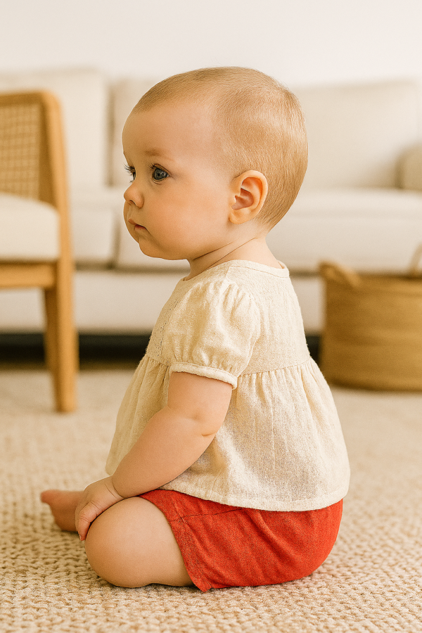 Kız Bebek Krem Renk Ön Kısmı Çiçek Işlemeli Kısa Kollu Şortlu Keten Takım - 2. görsel