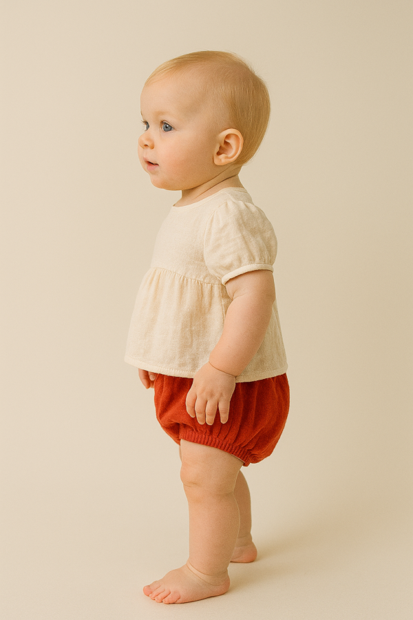 Kız Bebek Krem Renk Ön Kısmı Çiçek Işlemeli Kısa Kollu Şortlu Keten Takım - 3. görsel