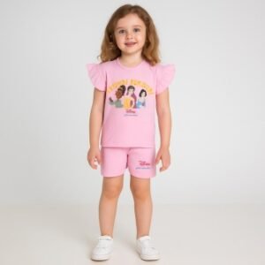 Kız Bebek Friends Forever Yazılı Prenses Baskılı Pembe Renk Kısa Kollu Şortlu Takım - Almira Bebek