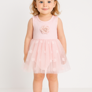 Kız Bebek Gül Işlemeli Sıkır Kollu Çıtçıtlı Pembe Renk Tüllü Elbise - Almira Bebek