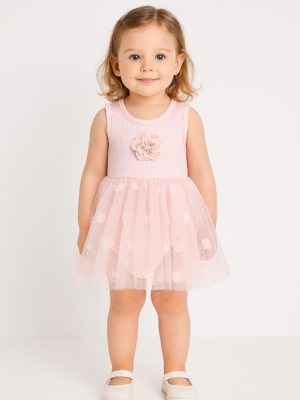 Kız Bebek Gül Işlemeli Sıkır Kollu Çıtçıtlı Pembe Renk Tüllü Elbise - Almira Bebek