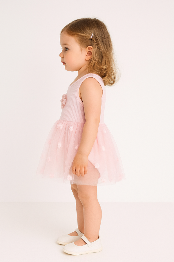 Kız Bebek Gül Işlemeli Sıkır Kollu Çıtçıtlı Pembe Renk Tüllü Elbise - 2. görsel