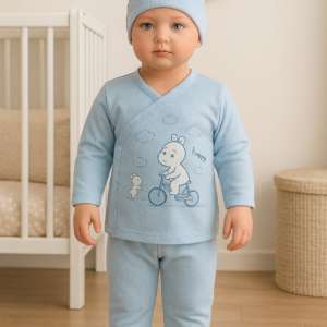 Erkek Bebek Şapkalı Kendinden Eldivenli Ayaklı 3 Parça Zıbın Seti - Almira Bebek