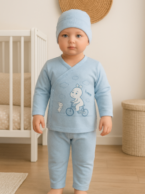 Erkek Bebek Şapkalı Kendinden Eldivenli Ayaklı 3 Parça Zıbın Seti - Almira Bebek