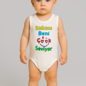 Unisex Babam Beni Çok Seviyor Yazılı Sıfır Kollu Çıtçıtlı Bady - Almira Bebek