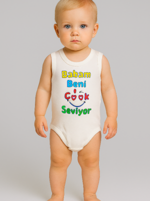 Unisex Babam Beni Çok Seviyor Yazılı Sıfır Kollu Çıtçıtlı Bady - Almira Bebek