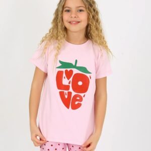 Kız Çocuk Love Baskılı Kalpli Kısakollu Pembe Renk Pijama Takımı - Almira Bebek
