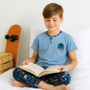 Erkek Çocuk Skate Yazılı Kısa Kollu Pamuklu Mavi Renk Pijama Takımı - Almira Bebek