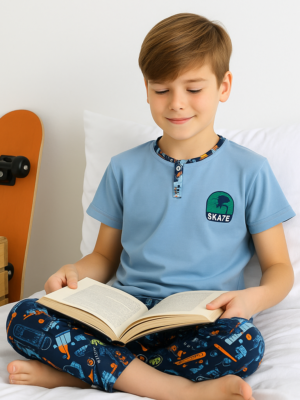 Erkek Çocuk Skate Yazılı Kısa Kollu Pamuklu Mavi Renk Pijama Takımı - Almira Bebek