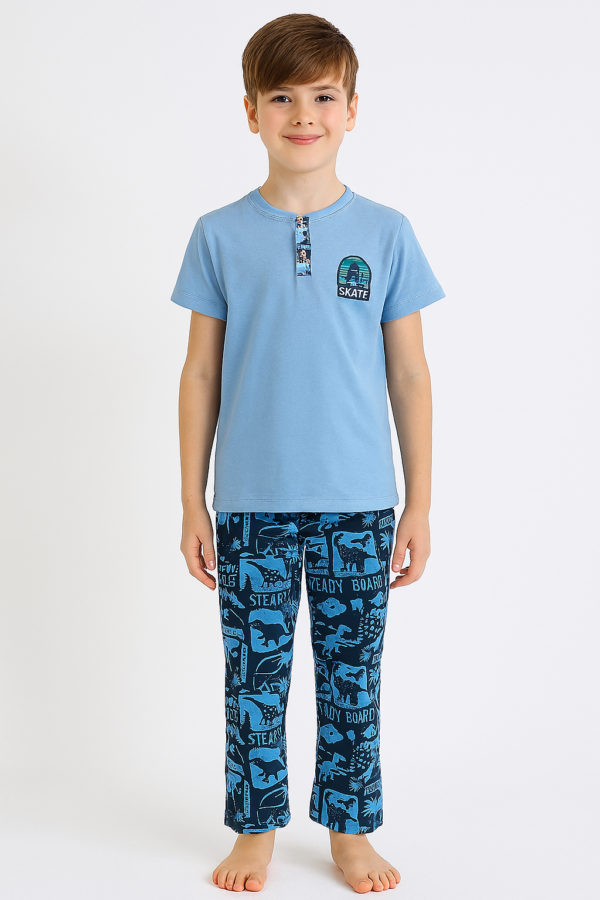 Erkek Çocuk Skate Yazılı Kısa Kollu Pamuklu Mavi Renk Pijama Takımı - 2. görsel