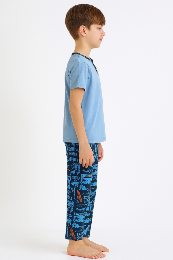 Erkek Çocuk Skate Yazılı Kısa Kollu Pamuklu Mavi Renk Pijama Takımı - 3. görsel