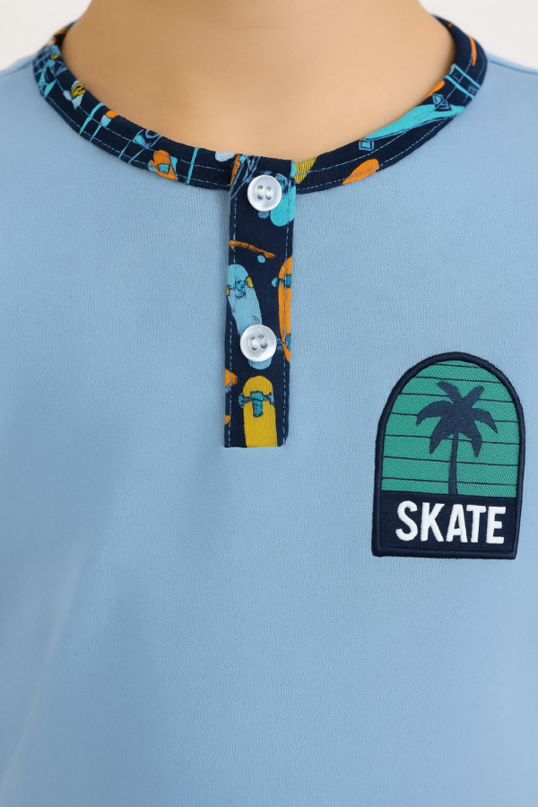 Erkek Çocuk Skate Yazılı Kısa Kollu Pamuklu Mavi Renk Pijama Takımı - 4. görsel