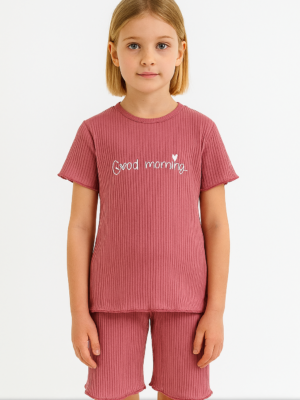 Kız Çocuk Good Morning Yazılı Fitilli Kısa Kollu Gül Kurursu Renkli Şortlu Takım - Almira Bebek