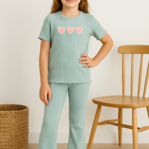 Kız Çocuk Kalp Baskılı Fitilli Su Yeşili Renkli Şortlu Kısakollu Takım - Almira Bebek