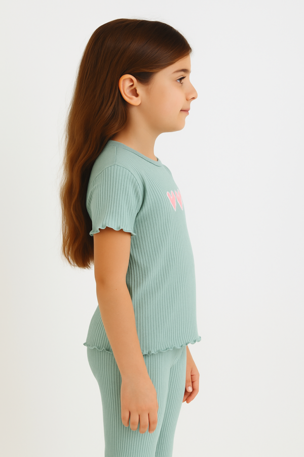 Kız Çocuk Kalp Baskılı Fitilli Su Yeşili Renkli Şortlu Kısakollu Takım - 4. görsel