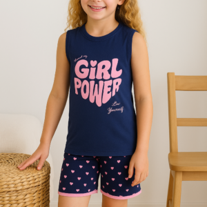 Kız Çocuk Girl Power Baskılı Askılı Kollu Şortlu Pijama Takımı - Almira Bebek