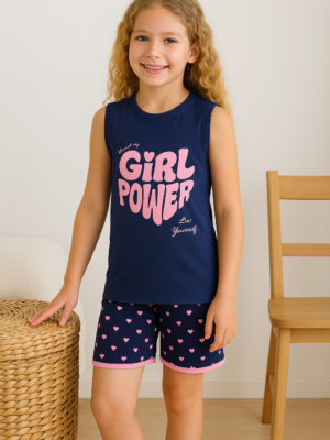 Kız Çocuk Girl Power Baskılı Askılı Kollu Şortlu Pijama Takımı - Almira Bebek