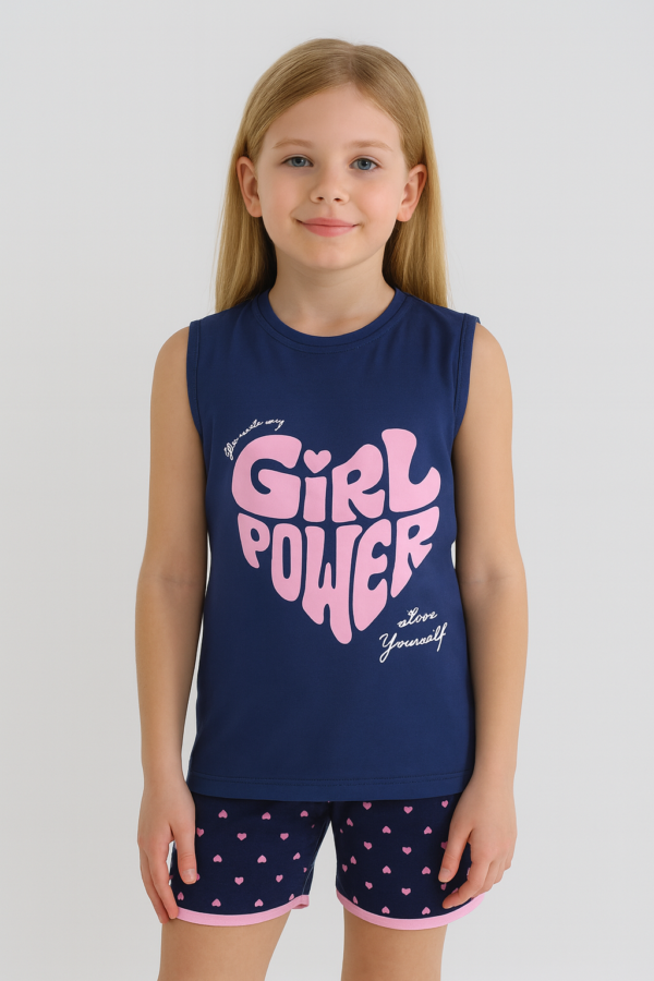 Kız Çocuk Girl Power Baskılı Askılı Kollu Şortlu Pijama Takımı - 2. görsel
