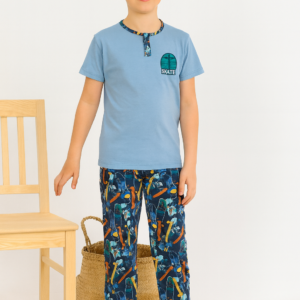 Erkek Çocuk Skate Yazılı Kısa Kollu Pamuklu Mavi Renk Pijama Takımı - Almira Bebek