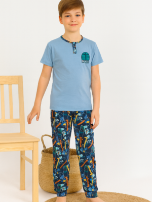 Erkek Çocuk Skate Yazılı Kısa Kollu Pamuklu Mavi Renk Pijama Takımı - Almira Bebek