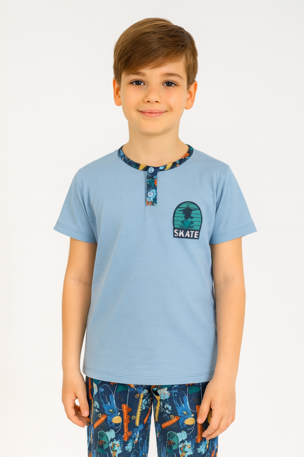 Erkek Çocuk Skate Yazılı Kısa Kollu Pamuklu Mavi Renk Pijama Takımı - 2. görsel