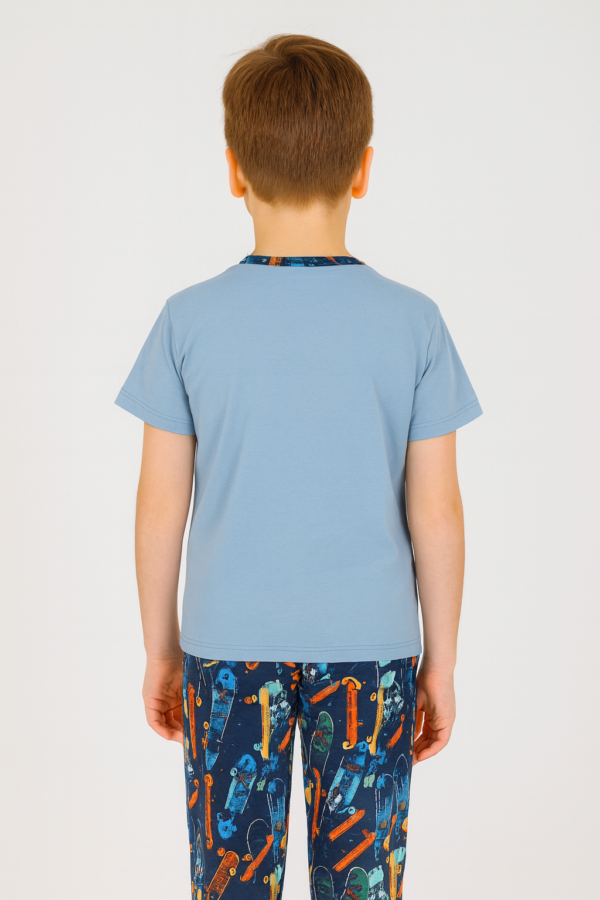 Erkek Çocuk Skate Yazılı Kısa Kollu Pamuklu Mavi Renk Pijama Takımı - 3. görsel