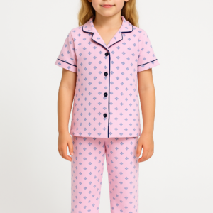 Kız Çocuk Önden Düğmeli Kısa Kollu Çiçek Baskılı Pembe Renk Pijama Takımı - Almira Bebek