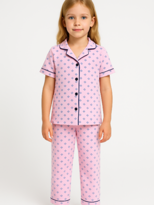 Kız Çocuk Önden Düğmeli Kısa Kollu Çiçek Baskılı Pembe Renk Pijama Takımı - Almira Bebek