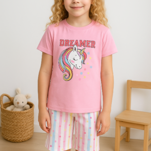 Kız Çocuk Unicorn Baskılı Dreamer Yazılı Lısa Kollu Kaprili Pijama Takımı - Almira Bebek