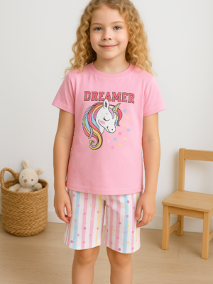 Kız Çocuk Unicorn Baskılı Dreamer Yazılı Lısa Kollu Kaprili Pijama Takımı - Almira Bebek