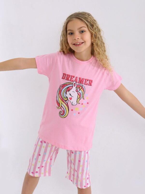 Kız Çocuk Unicorn Baskılı Dreamer Yazılı Lısa Kollu Kaprili Pijama Takımı - 2. görsel