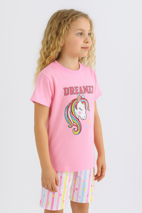 Kız Çocuk Unicorn Baskılı Dreamer Yazılı Lısa Kollu Kaprili Pijama Takımı - 3. görsel
