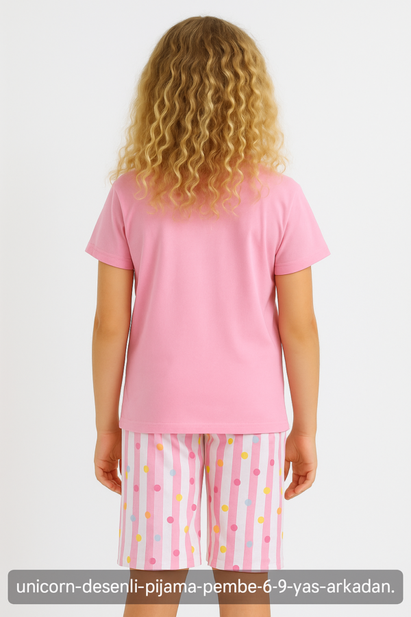 Kız Çocuk Unicorn Baskılı Dreamer Yazılı Lısa Kollu Kaprili Pijama Takımı - 4. görsel