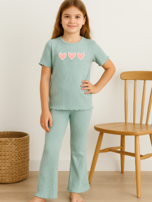 Kız Çocuk Kalp Baskılı Mint Yeşili Renkli Fitilli Kısa Kollu Takım - Almira Bebek