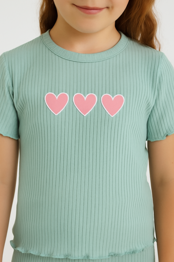 Kız Çocuk Kalp Baskılı Mint Yeşili Renkli Fitilli Kısa Kollu Takım - 3. görsel