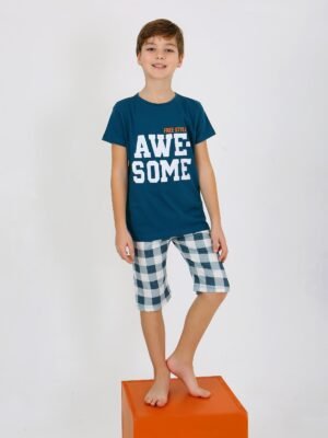 Erkek Çocuk Awe Some Yazılı Kısa Kollu Yeşil Renk Pijama Takımı - Almira Bebek