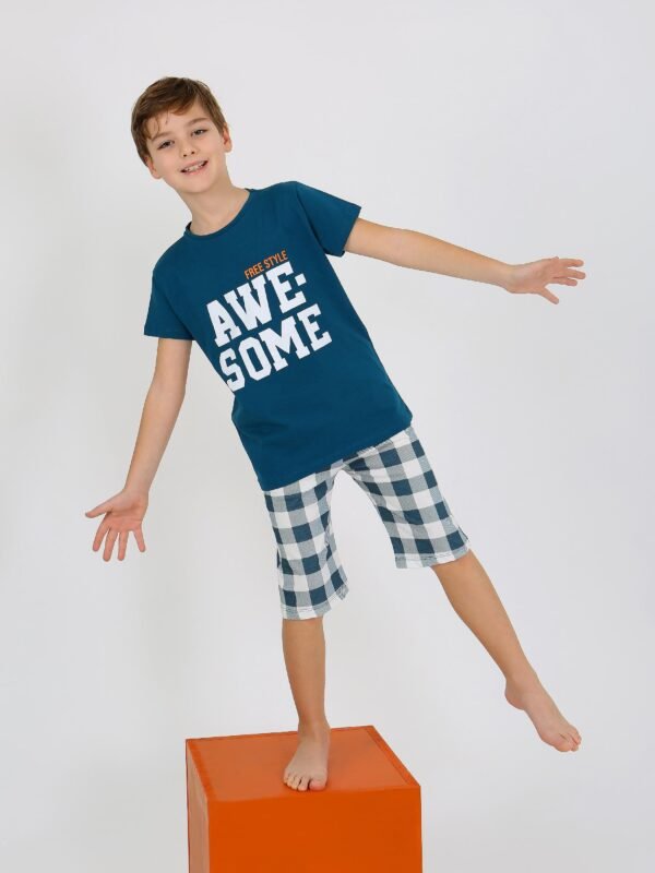 Erkek Çocuk Awe Some Yazılı Kısa Kollu Yeşil Renk Pijama Takımı - 2. görsel